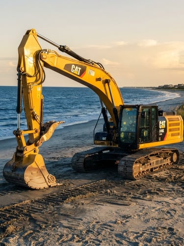 Low-angle wide shot of a clean heavy-duty excavator parked on a sandy coastal site in Mount Pleasant during golden hour, deep blue ocean in the background.