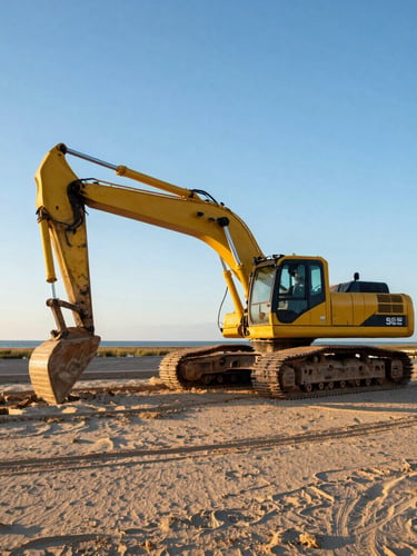 Wide environmental shot of a heavy-duty long-reach excavator operating on a sandy marsh edge during early morning golden hour, high-contrast shadows, 35mm.