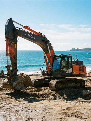 Low-angle hero shot of a modern heavy excavator parked on a sandy coastal construction site, bright morning sun reflecting off the water, deep blue sky, sharp focus