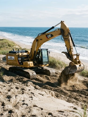 Low-angle environmental shot of a clean, yellow heavy excavator operating on a sandy coastal dune site, bright morning coastal daylight, deep blue ocean in the background, sharp focus, 35mm photography