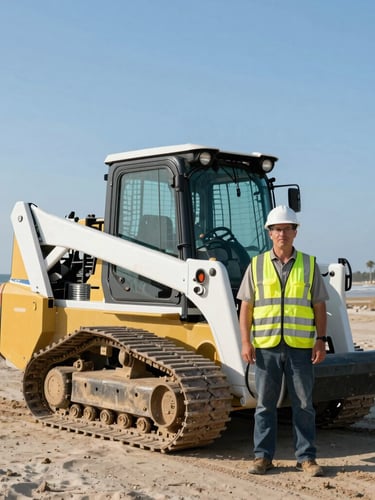 A professional civil engineer in high-vis safety gear standing next to a modern compact track loader on a South Carolina beach site, bright morning light.