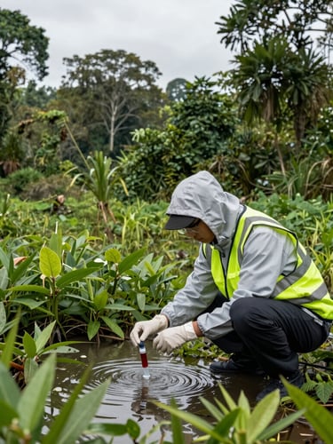 Scientific field photography, crisp natural overcast daylight, a researcher in high-vis gear collecting water samples in a lush Malaysian wetland, deep forest greens, sharp focus, 35mm