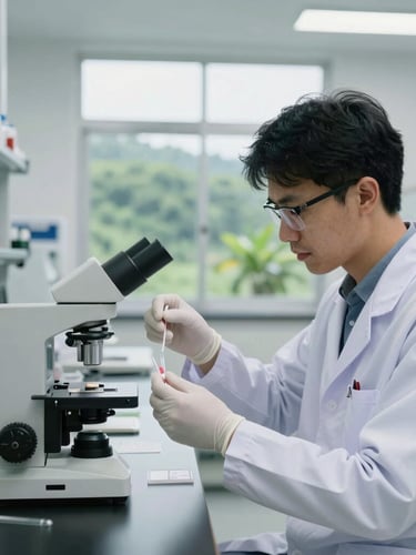 A clean modern laboratory environment in Malaysia, a researcher analyzing genetic samples for eDNA sequencing, focused scientific setting, crisp lighting