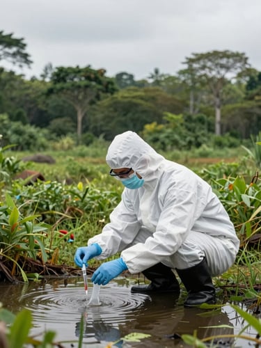 Scientific field photography of a researcher in high-vis gear collecting water samples in a lush Malaysian wetland, overcast daylight, sharp focus, 35mm