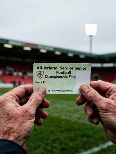 Close-up of weathered, calloused hands holding a worn match ticket for the All-Ireland Senior Football Championship Final, dramatic lighting from stadium floodlights, rich green and red tones, high contrast, 35mm film.