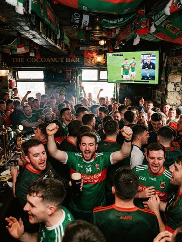 Wide shot of a crowded, boisterous Irish pub interior, packed with Mayo GAA fans in green and red jerseys, flags draped from the ceiling, all eyes on a TV screen, dramatic warm pub lighting, gritty editorial sports photography, 35mm film.