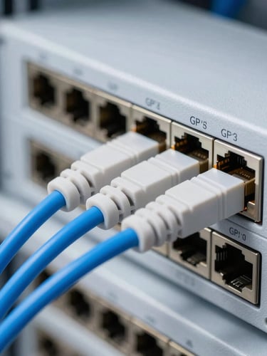 Macro close-up of blue fiber optic patch cords plugged into a high-density GPON OLT switch in a clean, professional telecom server room, bright neutral studio lighting, cool blue and white tones, sharp focus.