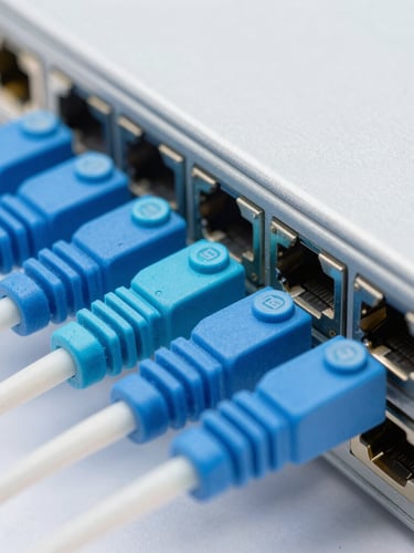 Macro close-up of a high-density fiber optic patch panel, blue and cyan LC connectors plugged in, dust caps visible, bright neutral studio lighting, sharp focus on ports, cool blue and white tones
