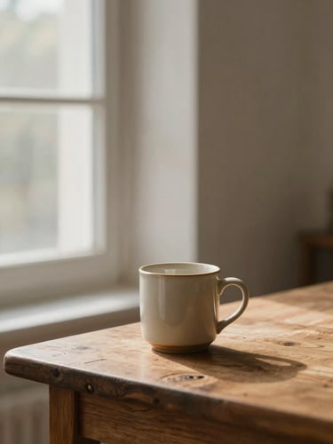 Diffused soft morning light streaming through a window onto a single warm ceramic mug on a rustic wooden table, minimalist composition with generous negative space on the right, calm and quiet atmosphere.