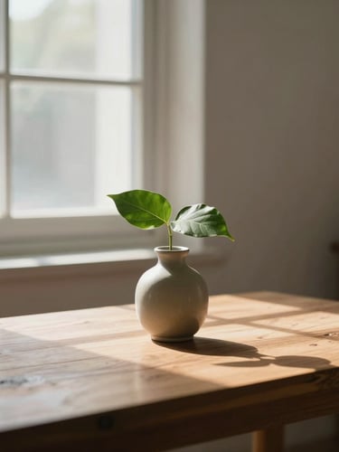 Soft natural morning light streaming through a window onto a wooden table, a single green leaf in a ceramic vase, plenty of negative space, calm and unhurried atmosphere.