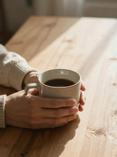 Soft afternoon sunlight streaming onto a clean wooden table, a warm ceramic mug held by hands in a relaxed knitted sweater, negative space on the right, calm editorial feel