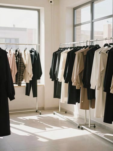 A bright, professional wholesale apparel showroom in Baghdad, neatly arranged high-quality garments on minimalist metal racks, warm natural daylight streaming through large windows, medium format film aesthetic.