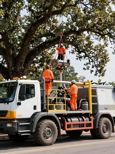 A powerful forestry bucket truck parked on a street, crew in high-visibility orange safety gear and helmets preparing rigging on a massive oak tree, bright daylight, 35mm lens
