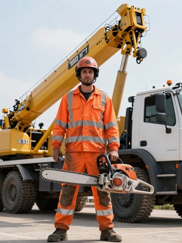 A high-contrast portrait of a certified crew member in high-visibility safety orange gear holding a chainsaw next to a massive crane truck, bright daylight, 35mm lens