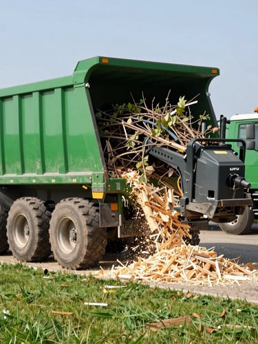 A commercial wood chipper actively processing branches, clean wood chips shooting into the back of a large green dump truck, spotless lawn in the foreground, bright daylight