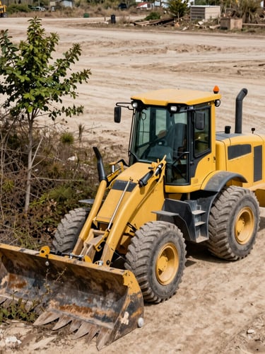 A heavy-duty yellow loader clearing thick brush and small trees on an expansive dirt lot, high-contrast industrial tones, sharp focus, bright natural daylight