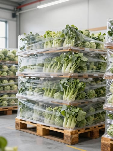 Modern clean warehouse interior with organized pallets of fresh foodstuff, bright natural lighting, professional logistics environment