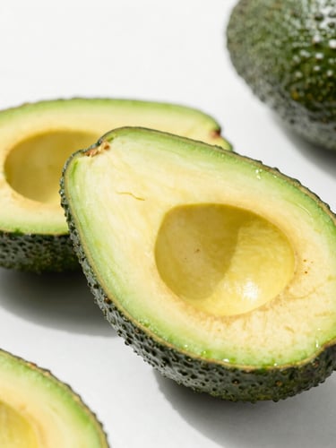Pristine close-up of sliced fresh Hass avocados on a clean white backdrop, bright natural daylight, crisp editorial food photography