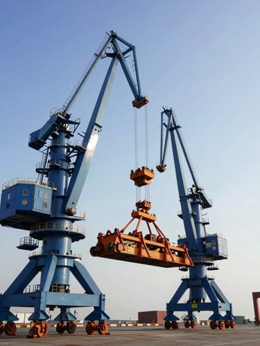 Low-angle power shot of a massive industrial crawler crane lifting a heavy steel component at a busy port, morning sun reflecting on maritime blue metal, 35mm crisp photography