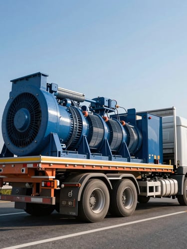 Low-angle power shot of a heavy-duty multi-axle transport truck carrying a massive industrial generator on a highway, morning sun, sharp details, deep maritime blue tones, 35mm photography.