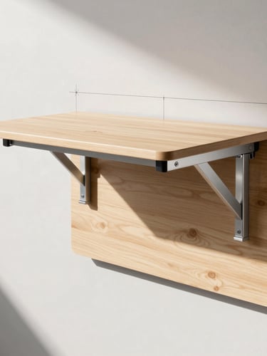 Straight-on architectural elevation of a wall fold-down table mechanism, technical line drawing style, sharp directional daylight, raw aluminum and warm birch tones, crisp 50mm lens.