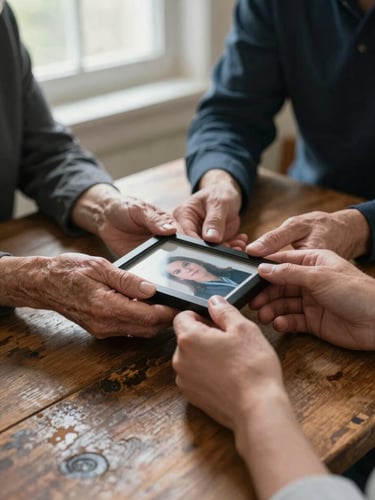 Close-up of two pairs of hands—an older woman's and a younger adult's—holding a small framed photograph together on a worn wooden table, soft morning window light, quiet and purposeful