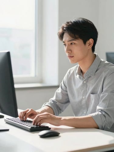 A bright high-key editorial photograph of an IT professional in a clean modern office workspace, soft daylight, 35mm lens