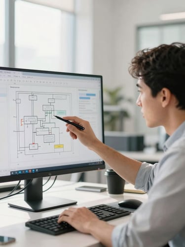 A focused IT professional reviewing system architecture diagrams on a screen in a bright, modern office with soft natural daylight, 35mm lens.