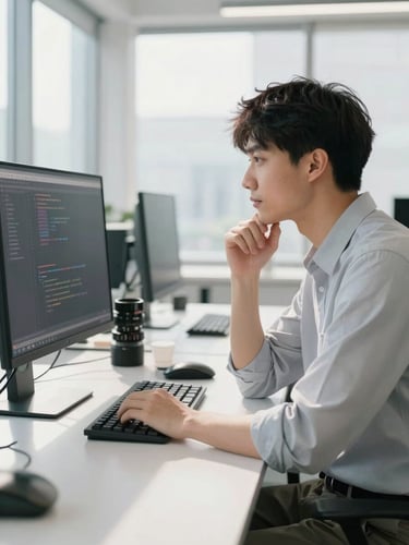 A professional IT engineer in a bright, daylight-filled modern workspace, looking thoughtfully at a clean monitor displaying code, 35mm lens, soft shadows.