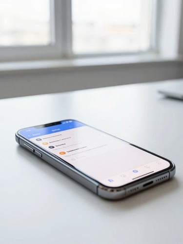 Bright high-key office photography, clean natural window light, a smartphone on a clean desk showing a crisp text message interface, shallow depth of field, 35mm
