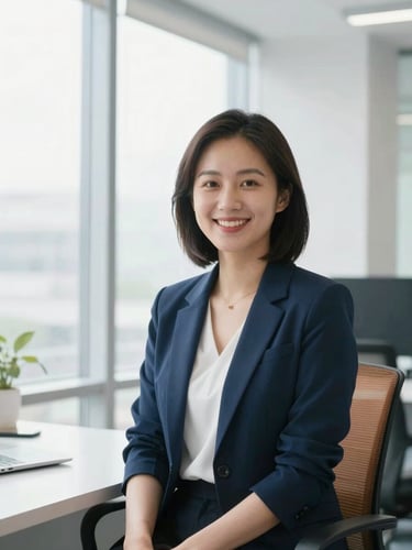 Environmental portrait of a female technical strategist in a bright, clean modern workspace, smiling naturally, soft window lighting, 35mm.