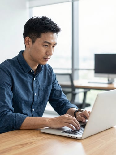 Environmental portrait of a male copywriter typing on a laptop in a high-key office with warm wood accents, natural lighting, shallow depth of field.