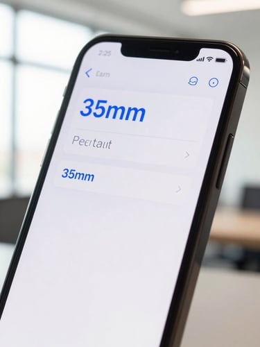 Tight macro shot of a modern smartphone screen showing a clean text notification with high-contrast blue UI, bright high-key office background, shallow depth of field, 35mm