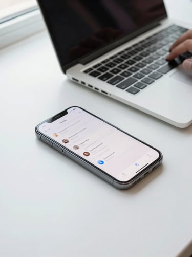 Overhead clean desk setup with a modern smartphone displaying a crisp text message interface, a laptop keyboard with hands typing, bright natural window light, shallow depth of field, 35mm