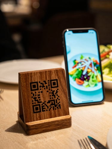 Warm editorial photography of a modern restaurant table, a sleek wooden QR code stand in the foreground, a smartphone screen displaying a vibrant fresh salad with a soft cyan glow, shallow depth of field, 35mm