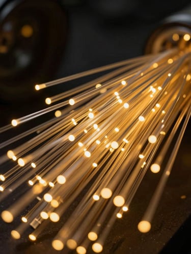 Macro close-up of abstract golden data streams and fiber optic cables glowing in the dark, representing high-speed secure network routing.