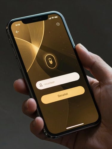 A close-up portrait of a sleek modern smartphone held in hand, displaying a secure golden login interface with abstract security patterns, dark background with gold accents.