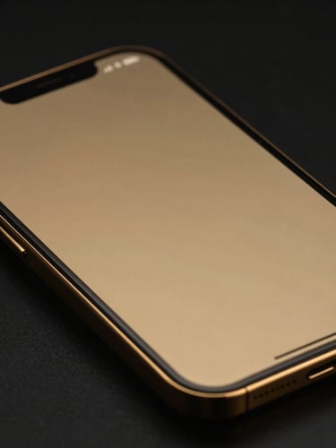 A close-up of a high-end mobile device displaying a secure gold interface, sharp gold rim lights, deep shadows, obsidian black background.