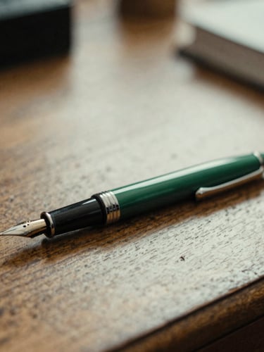 Medium-close macro shot of a fountain pen resting on an antique oak desk in soft, diffused London daylight, shallow depth of field, moody editorial photography, desaturated forest green and cream tones, 35mm film grain.