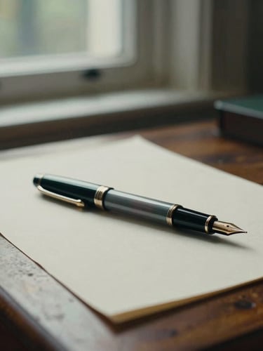 A close-up of a fountain pen resting on heavy cream paper stock on an antique oak desk, soft diffused London daylight streaming from a window, moody editorial photography, desaturated forest green tones, 35mm film grain.