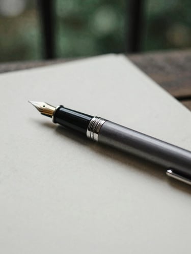 Close-up of a classic fountain pen resting on heavy cream paper stock, soft natural London daylight, desaturated forest green tones, 35mm film grain.