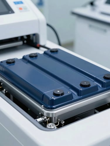 Close-up of a clean, high-tech diagnostic bay, a modern electric vehicle battery compartment exposed under bright workshop daylight, high contrast, sharp industrial photography.