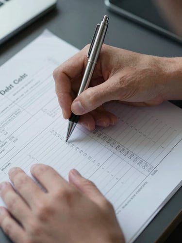 Close-up overhead of hands holding a pen over a printed debt schedule, columns of figures visible, cool office lighting, no faces