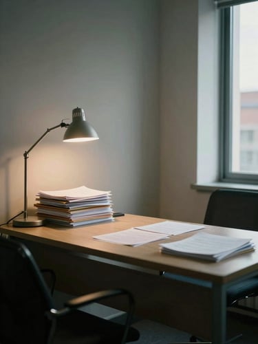 Wide shot of a quiet office interior, a single desk with a lamp casting overhead light on stacked paper files, window casting diffuse north light across the room, no people visible