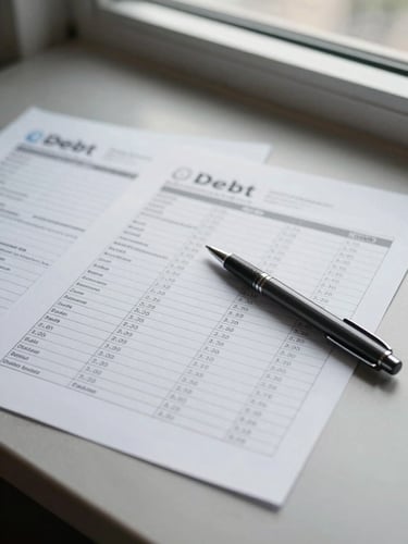 Close-up overhead composition of printed debt schedule pages on a matte desk surface, a pen resting across columns of figures, north-facing office window light casting soft even illumination across the paper
