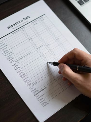 Close-up overhead view of printed debt schedule documents spread on a dark desk, a hand holding a fine-tip pen mid-annotation, north-facing office light, sharp document edges visible