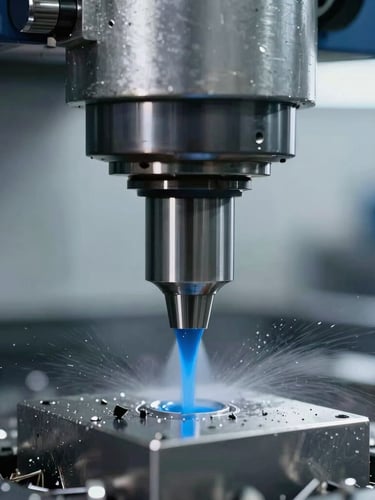 Close-up of a high-speed CNC milling spindle cutting through steel, cool blue coolant spray, crisp technical photography, sharp focus on metal shavings.