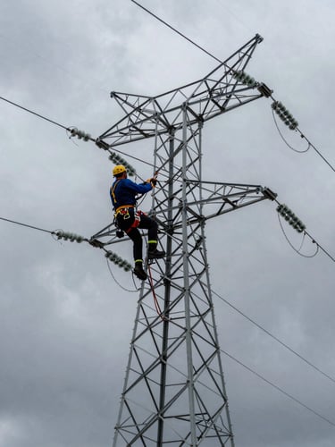 Low-angle heroic shot of a certified lineman in full safety harness working on a high-voltage utility tower, dramatic overcast Utah sky, cold industrial steel tones.