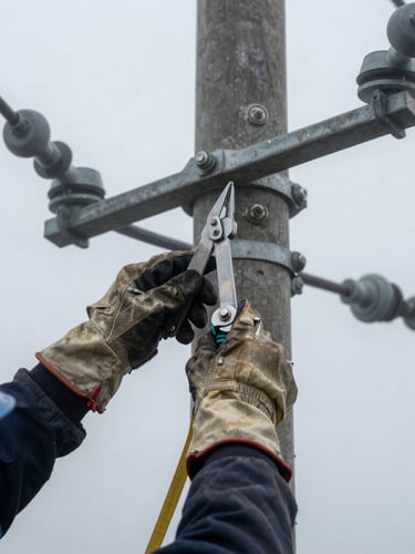 Close-up of a lineman in full safety harness and heavy leather gloves adjusting high-voltage hardware on a utility pole, sharp focus on steel tools, cold morning mist
