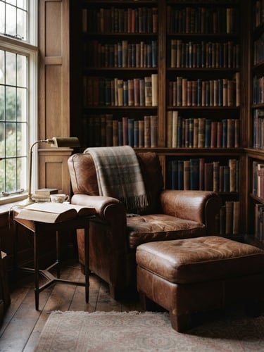 Warm editorial photography of a quiet private library interior, dark wood bookshelves, soft indirect window light illuminating a leather chair, rich muted tones, shallow depth of field, 35mm